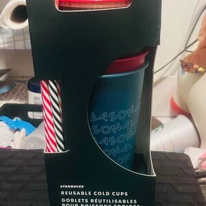 Starbucks Blue Reusable Cold Cup with Red Lid and Striped Straws